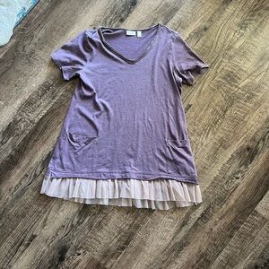 LOGO by Lori Goldstein Lavender V-Neck Top with Ruffle Hem